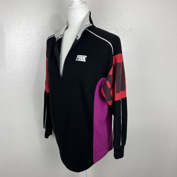 Pink Victoria's Secret Sweater Women Medium Black Colorblock Pullover 3/4 Zip - Picture 4 of 16